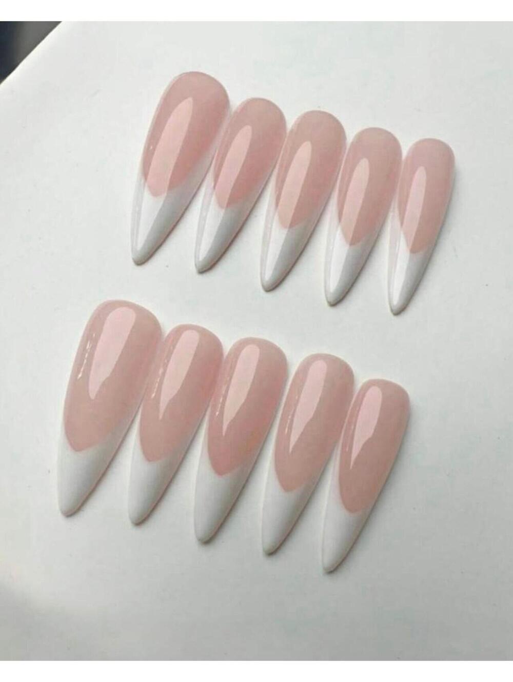 Long stiletto Press on nails white French tips nude handmade custom gel